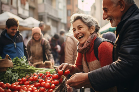 Cheerful senior couple buying fresh tomatoes at a farmers market.の写真素材