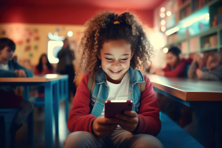 Little girl using mobile phone while sitting in children's room at schoolの写真素材
