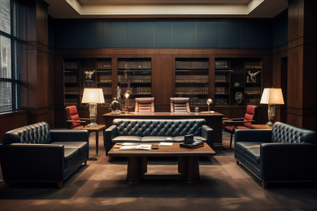 Interior of a hotel lobby with armchairs and bookshelfの写真素材