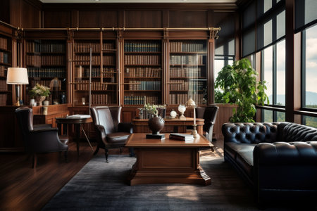 Luxury living room with bookshelf and sofa. 3d rendering