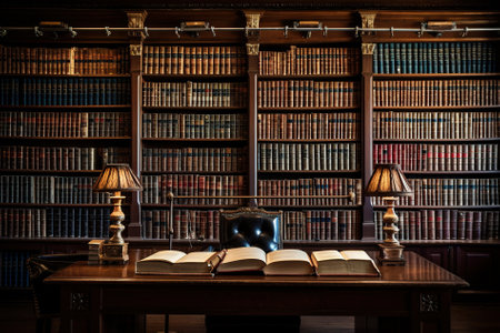 Bookshelf with old books and lamp in the old library.の写真素材