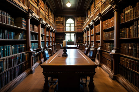 Old library interior with wooden floor and rows of books on it.の写真素材