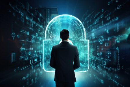 Image depicts a man from behind looking at a digital screen with a glowing blue padlock symbol,...