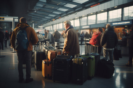 Mature man with suitcases waiting for flight at the airport.の写真素材