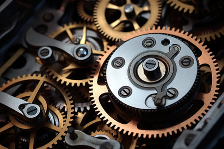 Close up of the gears of a old clockwork. Shallow depth of field.の写真素材