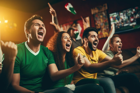 Group of friends watching soccer match on tv and cheering for favourite team.の写真素材