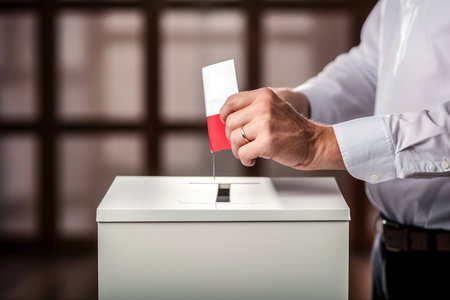 Man putting his vote into a ballot box - voting, election conceptの素材