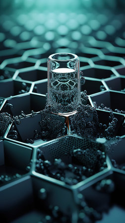 3d illustration of vials of water on hexagonal background.の素材