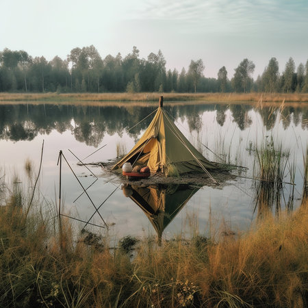 Fishing boat on the lake in the morning. Toned.の素材