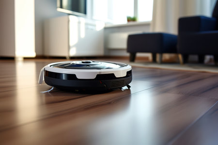 Robotic vacuum cleaner cleaning the floor in the living room at homeの素材