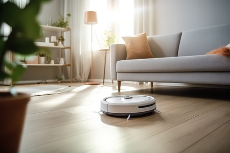 Robotic vacuum cleaner cleaning the floor in the living room at homeの素材