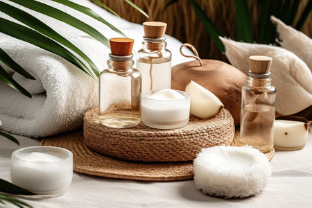 Spa still life with sea salt, soap, oil, towel and coconutの素材
