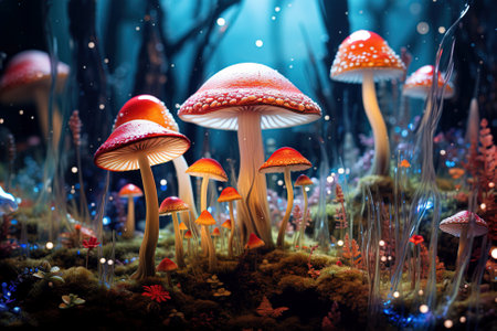 Fantasy amanita mushrooms in the dark forest. 3d illustrationの素材