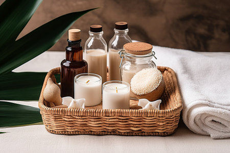 Spa still life with candles, sea salt, soap and towelsの素材