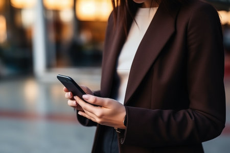 Cropped image of young businesswoman using mobile phone while standing outdoorsの素材