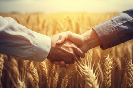 Businessman and businesswoman shaking hands in wheat field. Concept of partnership and cooperation.の素材