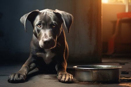 Sad dog waiting for food in a bowl,selective focus.の素材