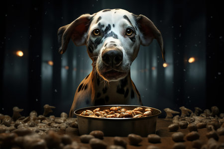 Dalmatian dog with bowl of dry nuts in dark roomの素材