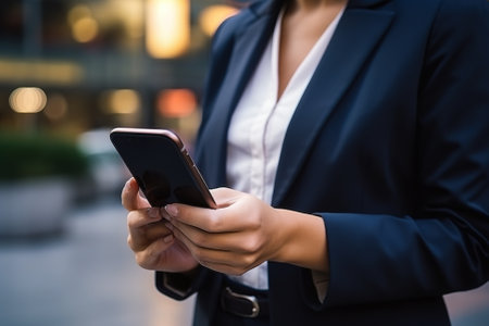 Close up of business woman using smart phone in city at night.の素材