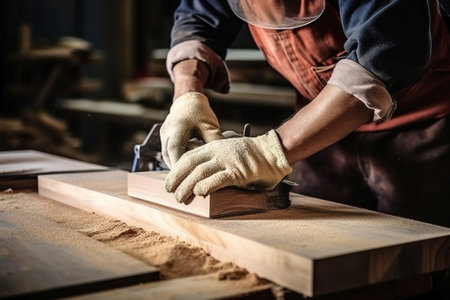 Carpenter working in his carpentry workshop, using a circular saw to cut a wooden board.の素材