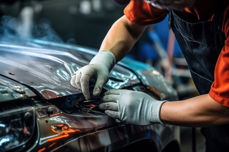 Car polishing series : Worker polishing a car in auto serviceの素材