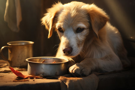 Golden Retriever dog eating food from a bowl in the sunlightの素材