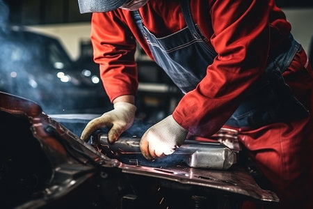 Close-up of the hands of a car mechanic in a red uniform working with a welding machine.の素材