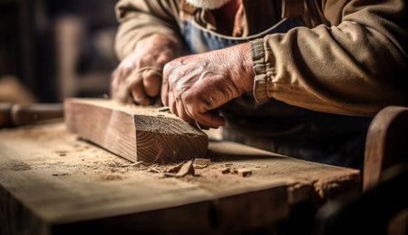 Carpenter working in his workshop, he is using a chisel to cut a wooden boardの素材