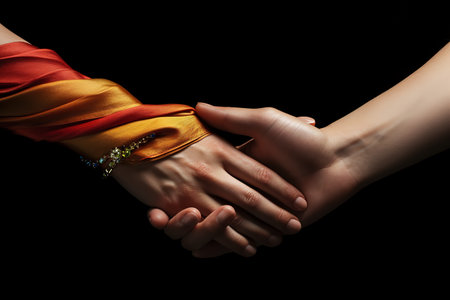 close up of a woman and man hands holding each other on black backgroundの素材