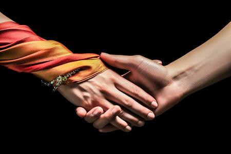 Woman and man hands holding each other on black background, closeupの素材