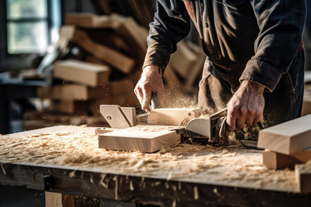 Carpenter working in his carpentry workshop, cutting wooden plankの素材