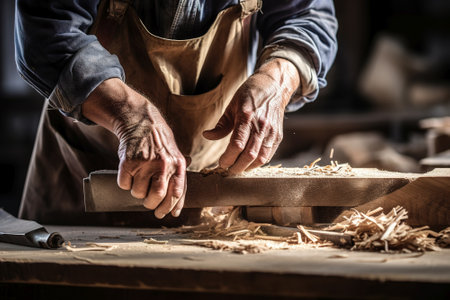 Close up of carpenter working with wood planer in his workshopの素材