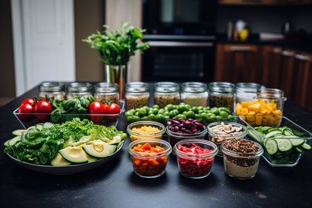 Healthy eating, dieting, vegetarian food and nutrition concept. Assortment of fresh vegetables in glass jars on table at homeの素材