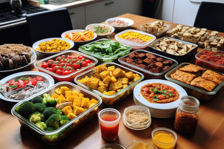 Healthy eating concept. Vegetables, meat, fruits and other food in containers.の素材