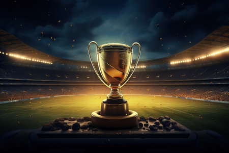 3d rendering of a golden trophy cup on a soccer field.の素材