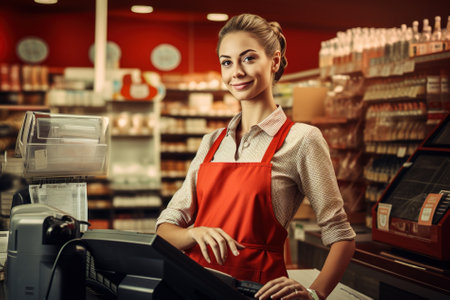 Portrait of a smiling female cashier in apron standing at cash register in supermarket.の素材