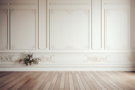 Interior of classic room with white walls, parquet floor and mouldings. 3d renderの素材