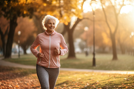 Portrait of a smiling senior woman jogging in the park.の素材