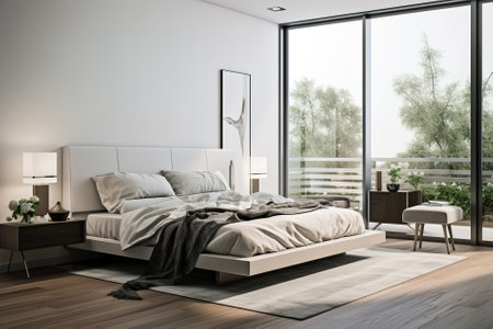 Interior of modern bedroom with white walls, wooden floor, comfortable master bed with gray blanket and coffee table. 3d renderingの素材