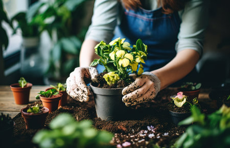 Gardening, floriculture and agriculture concept - close up of woman hands in gloves planting flowers in pot at homeの素材