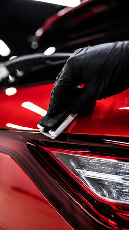 Car detailing or car wash worked applying ceramic coating on red carの写真素材