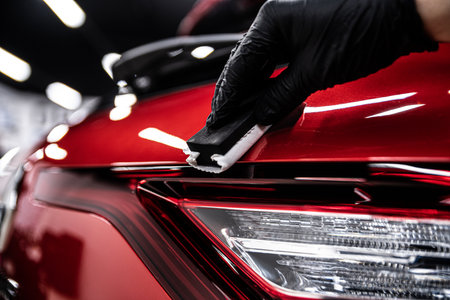 Car detailing or car wash worked applying ceramic coating on red carの写真素材
