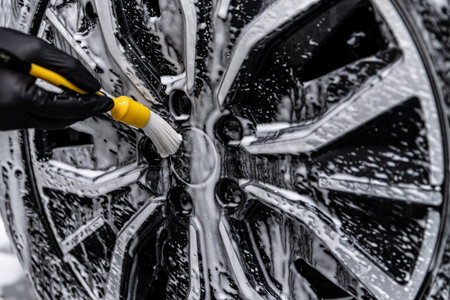 Cleaning alloy wheel with foam and brush during professional car detailing processの写真素材