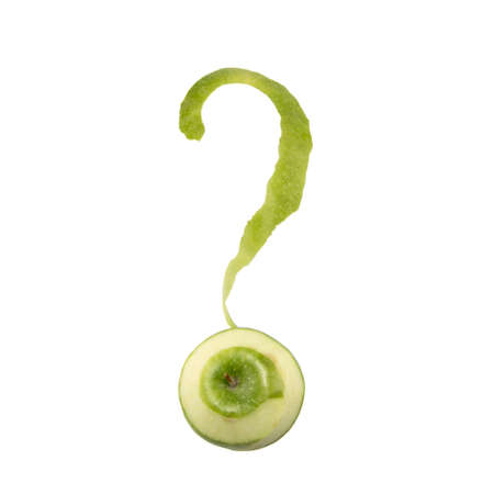 apple peel in the form of a question mark on a white backgroundの写真素材