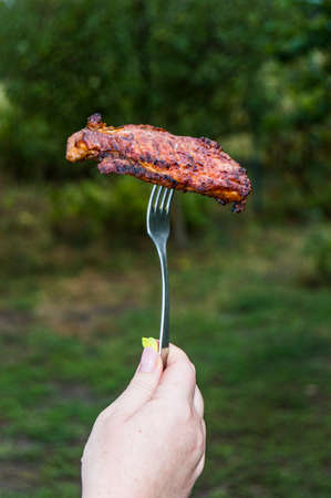 holding meat with a forkの写真素材