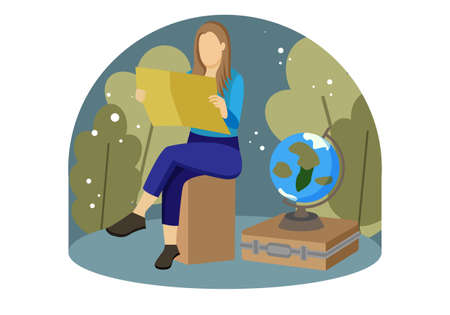 Woman thinking about traveling. Vector flat illustration. Vector illustrationのイラスト素材