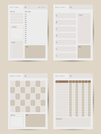Minimalist printable personal planner page templates. Daily, weekly, monthly pages plan format A4. Habit tracker.のイラスト素材
