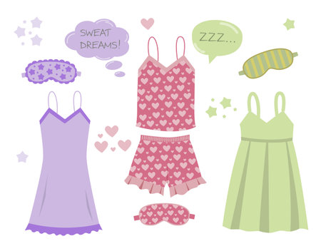 Sleepwear for women, nightwear for females, fashionable collection Pajamas set. Vector in flat styleのイラスト素材
