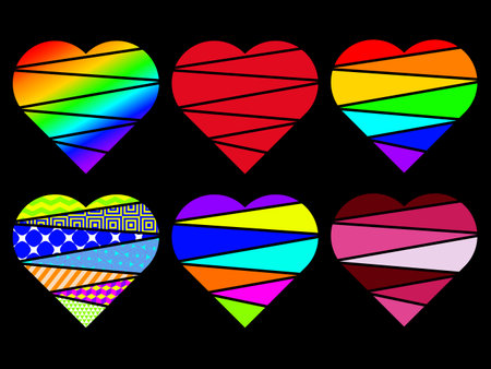 Rainbow patterned heart illustration collection, love symbol icon set, love symbol vector.のイラスト素材