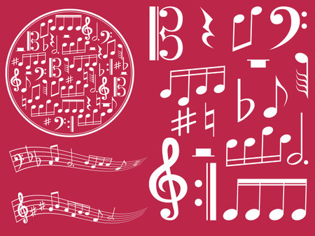 Composition with notes and clefs, musical signs, sound texture, musician theme. Flying stave,のイラスト素材